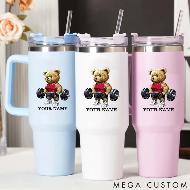 Personalized Handle Tumbler with Cute Weightlifting Teddy Bear Design for Gym Lover Fitness Durable Hot or Cold Drinks