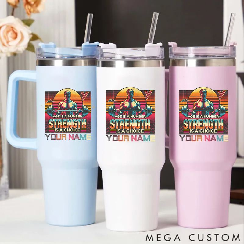 Personalized Handle Tumbler with Vibrant Strength Themed Graphic for Gym Lover Fitness Durable Hot or Cold Drinks