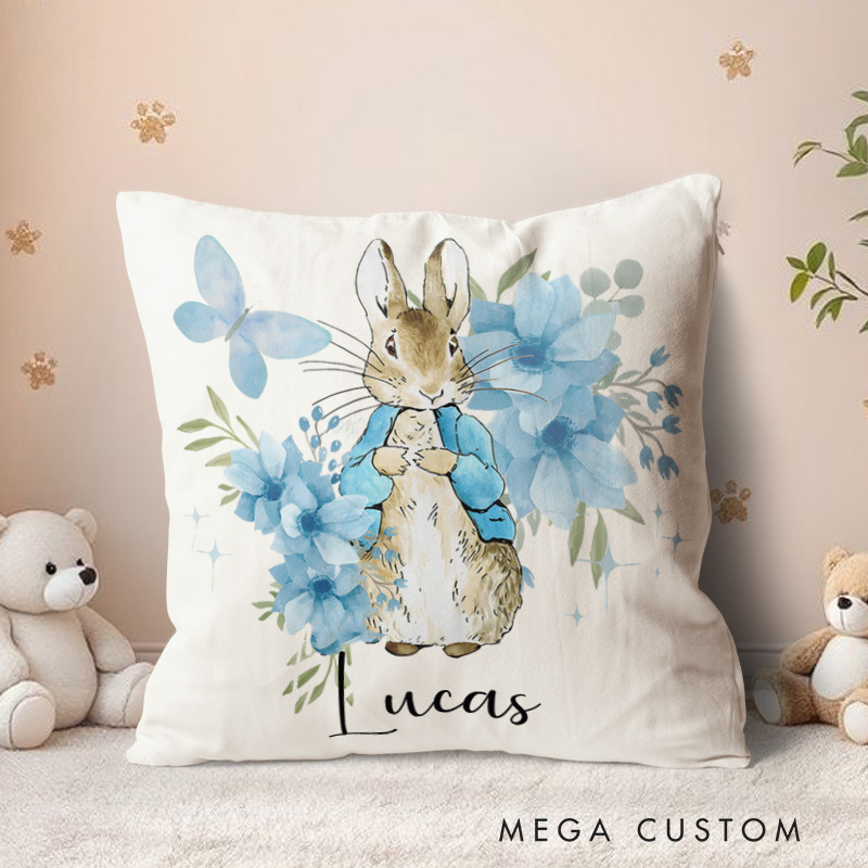 Personalized Floral Bunny Throw Pillows Featuring Adorable Bunny With Elegant Flowers Throw Pillows