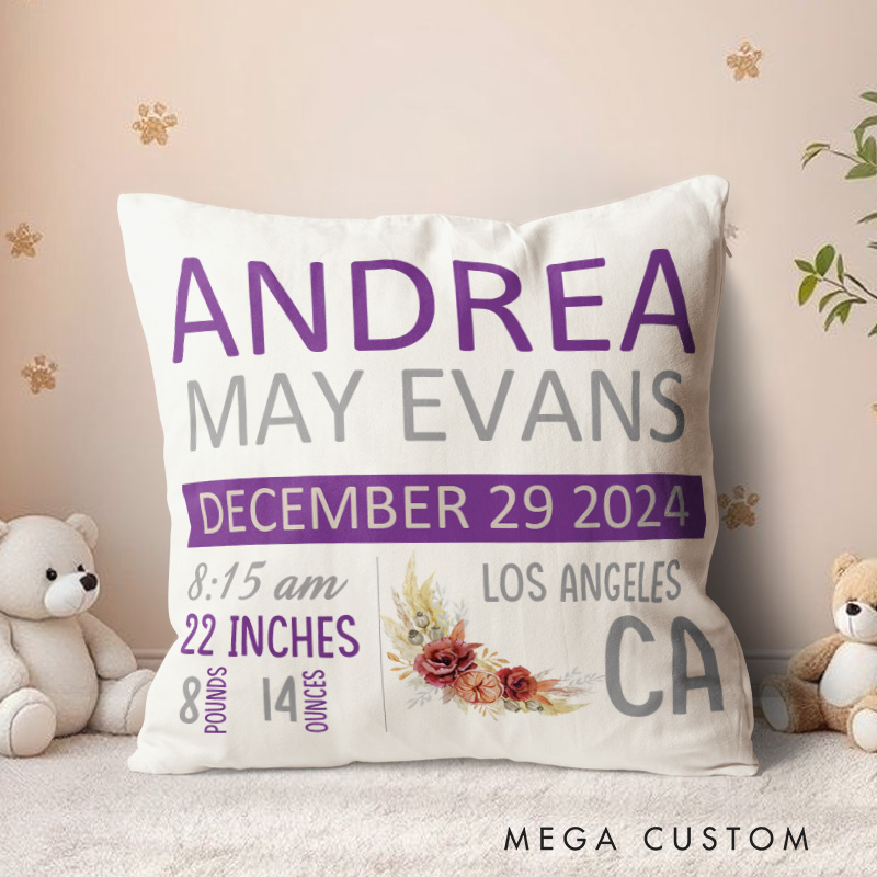 Personalized Birth Stats Throw Pillows Highlighting Baby's Name Date And Measurements Throw Pillows