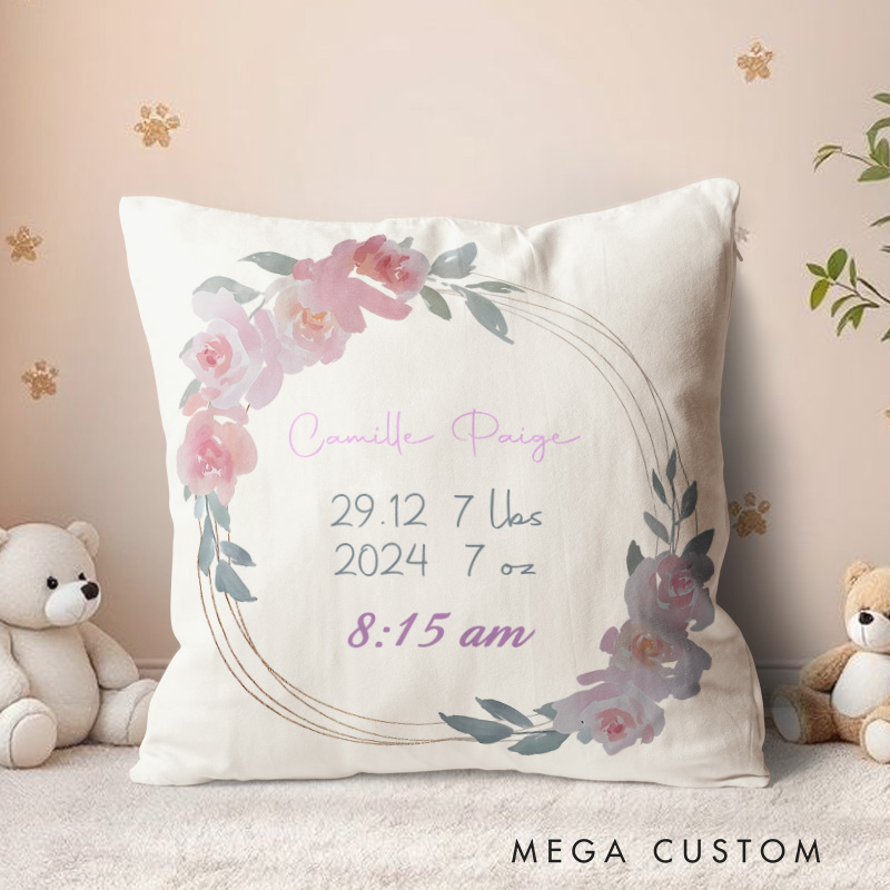 Personalized Floral Wreath Birth Stats Throw Pillows Featuring Baby's Details And Soft Flowers Throw Pillows