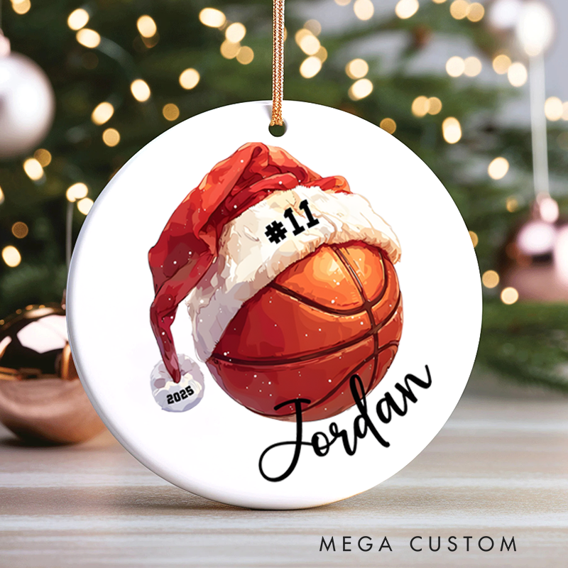 Personalized Basketball Christmas Ornament with Custom Name Number Year and Santa Hat Design
