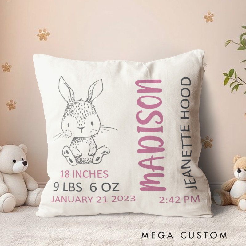 Personalized Bunny Birth Stats Throw Pillows Featuring Baby's Name And Weight Details Throw Pillows
