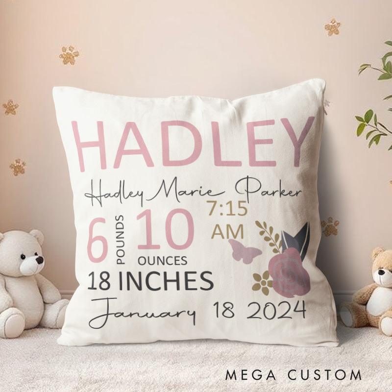Personalized Floral Birth Stats Throw Pillows Highlighting Baby's Name And Measurements Throw Pillows