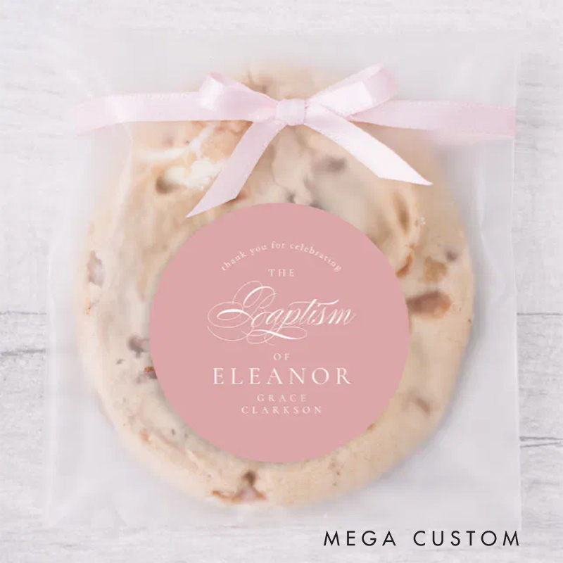 Personalized Pink Elegant Calligraphy Baptism Thank You Classic Round Sticker with Name Religious Gift Baptism Gift