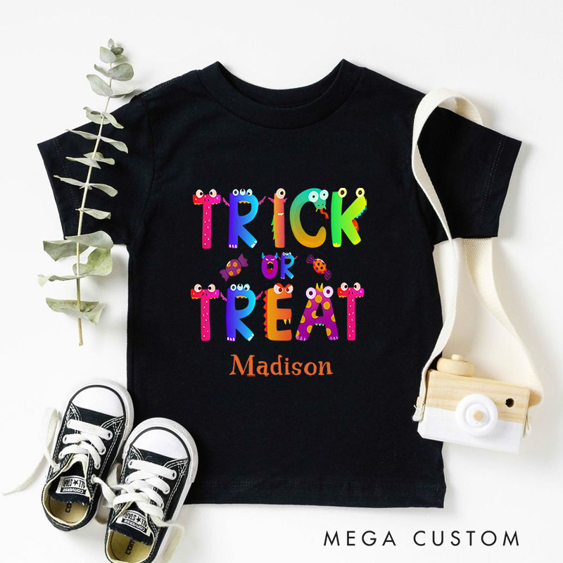 Personalized Trick or Treat Halloween Shirt for Kids Perfect for Fun and Colorful Outfits During the Spooky Season Kids T-Shirt