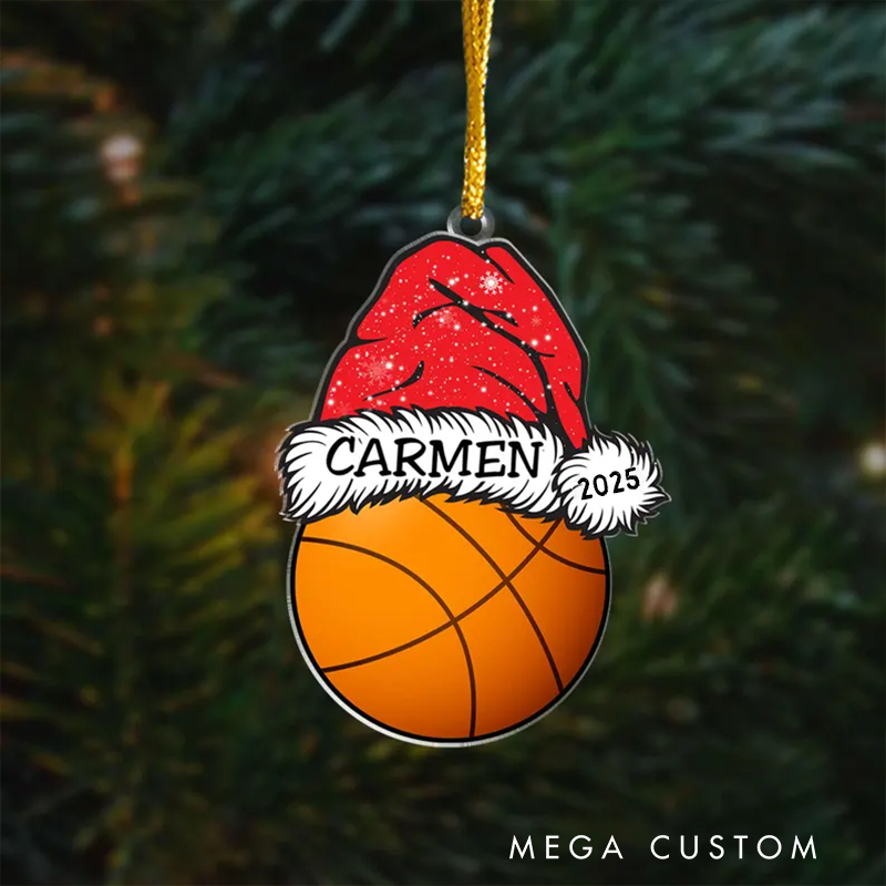 Personalized Basketball Christmas Ornament with Santa Hat, Custom Name, and Year Design