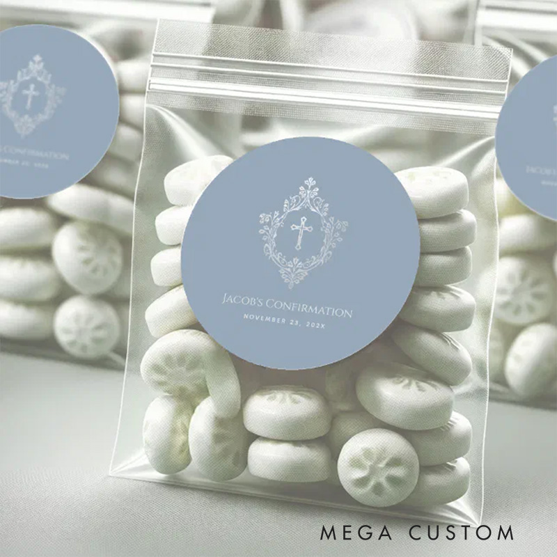 Personalized Boy Confirmation Dusty Blue Religious Cross Crest Classic Round Sticker with Name and Date Religious Gift Confirmation Gift