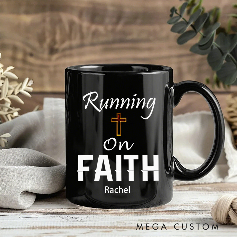 Personalized Running on Faith Ceramic Mug with Name Religious Gift Birthday Gift for Men