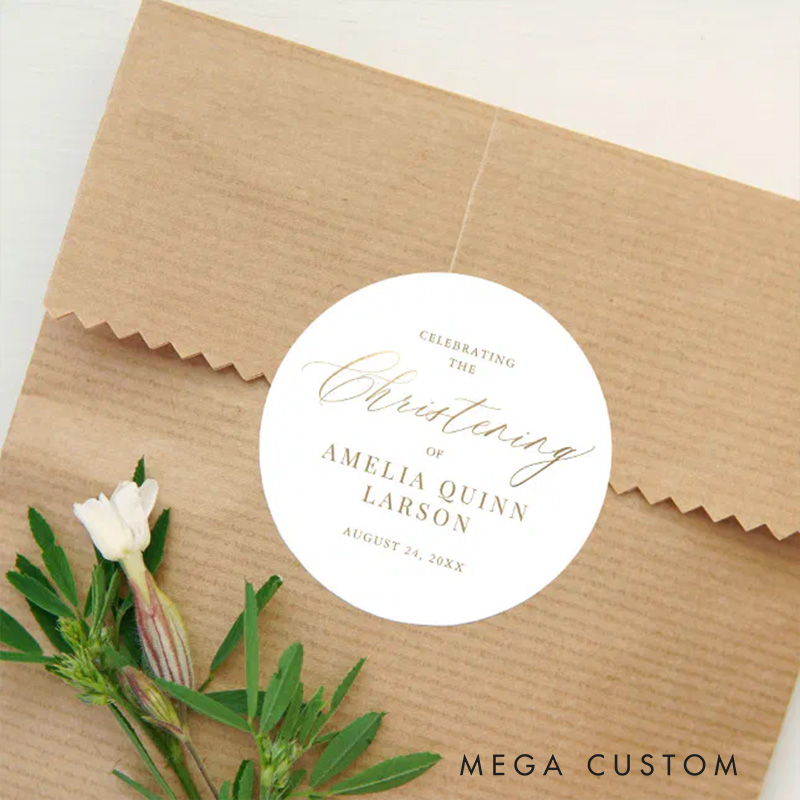 Personalized Simple Elegant Gold Calligraphy Script Christening Classic Round Sticker with Name and Date Religious Gift Baptism Gift