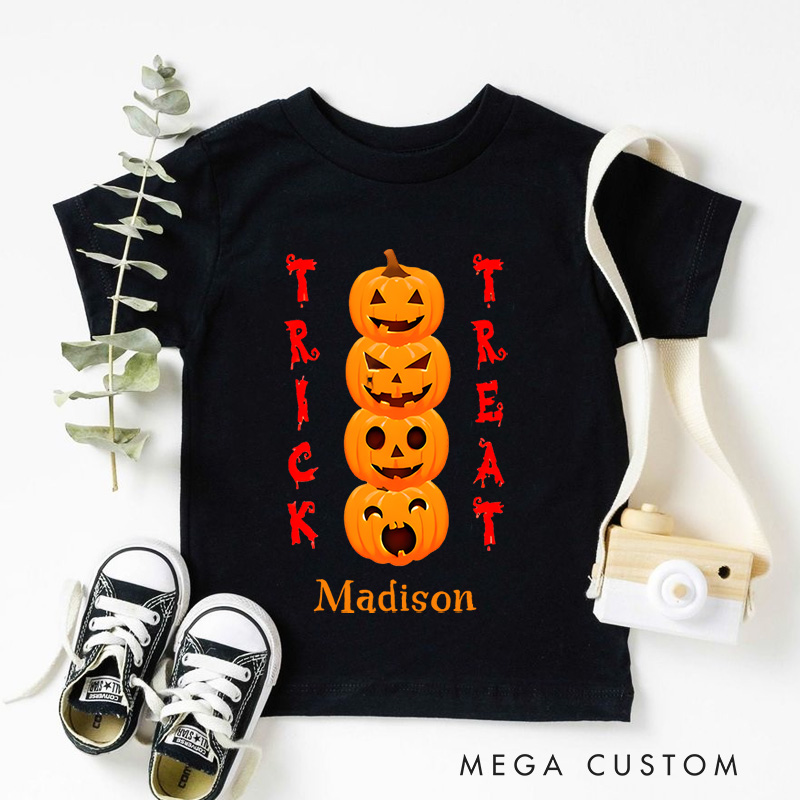 Personalized Trick or Treat Pumpkin Tower Halloween Shirt for Kids Perfect for Fun and Colorful Seasonal Celebrations Kids T-Shirt