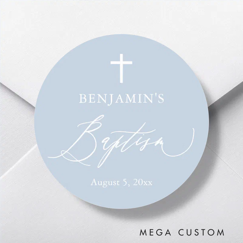 Personalized Dusty Blue White Cross Boy Baptism Round Sticker with Name and Date Religious Gift Baptism Gift