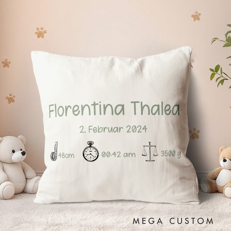 Personalized Minimalist Birth Stats Throw Pillows Highlighting Baby's Key Details And Date Throw Pillows