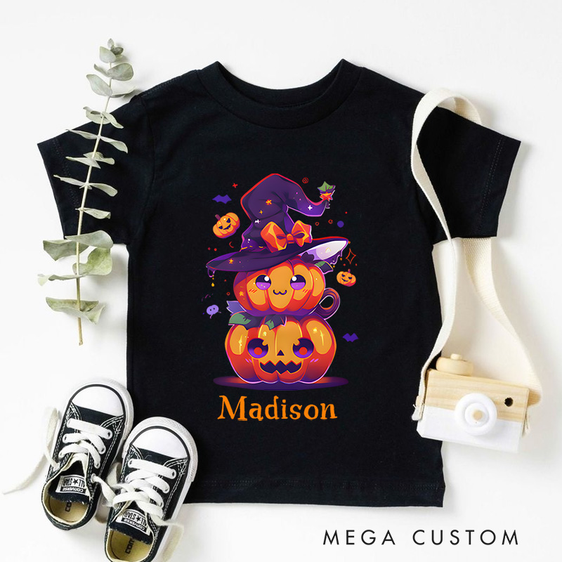 Personalized Witch Hat and Pumpkin Stack Halloween Shirt for Kids Perfect for Magical and Festive Halloween Celebrations Kids T-Shirt