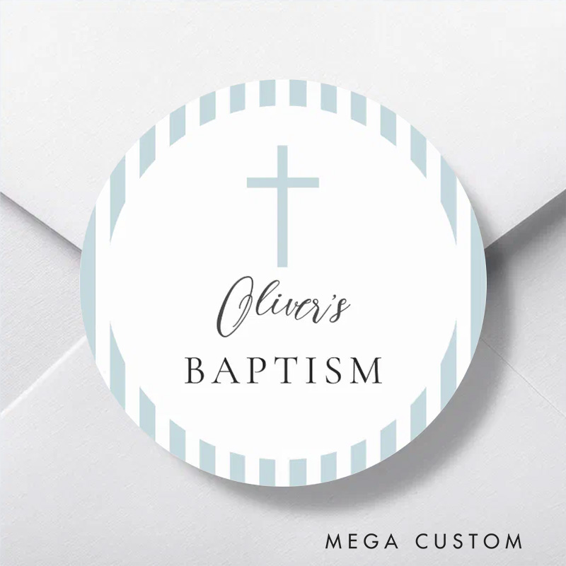 Personalized Blue White Striped Boy Baptism Classic Round Sticker with Name and Date Religious Gift Baptism Gift