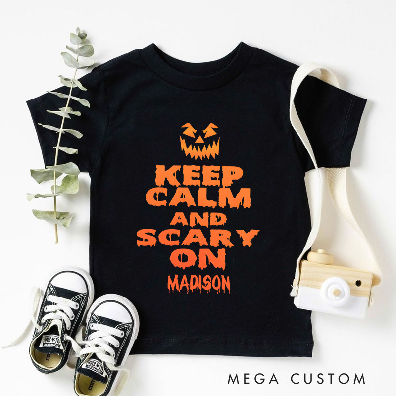 Personalized Keep Calm and Scary On Halloween Shirt for Kids Perfect for Adding Humor and Festive Fun Kids T-Shirt