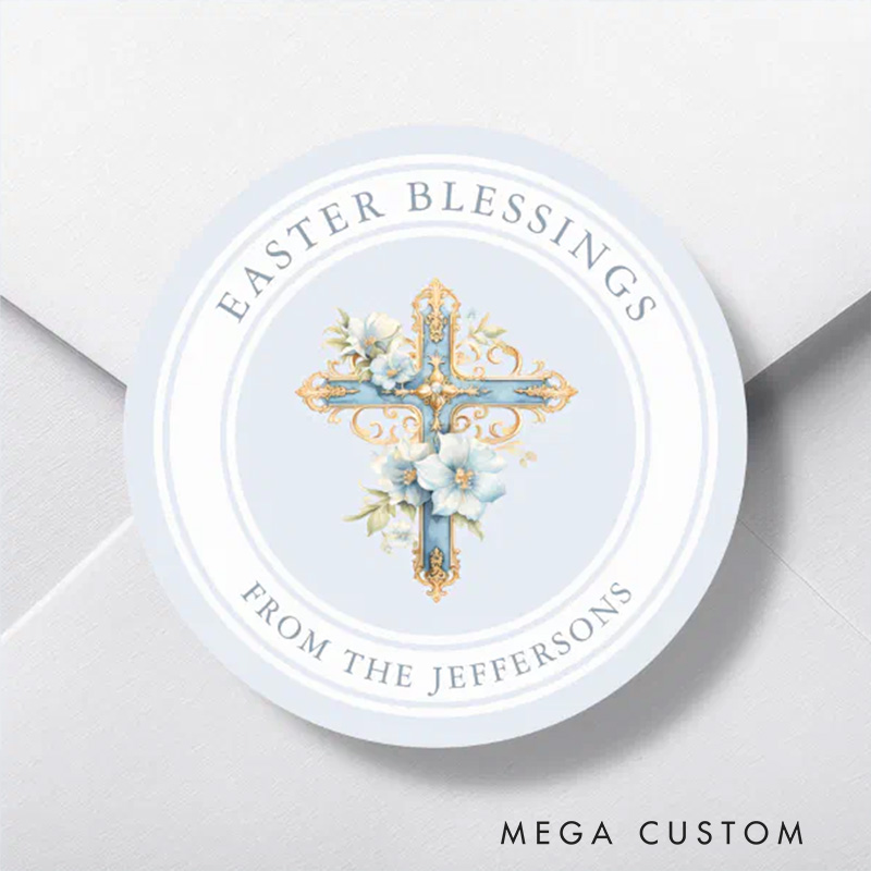 Personalized Blue Floral Cross Religious Easter Blessings Classic Round Sticker with Name Religious Gift First Easter Gift