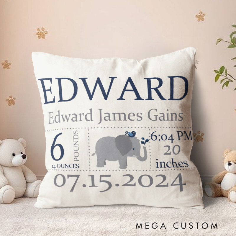 Personalized Elephant Birth Stats Throw Pillows Featuring Baby's Name And Key Measurements Throw Pillows