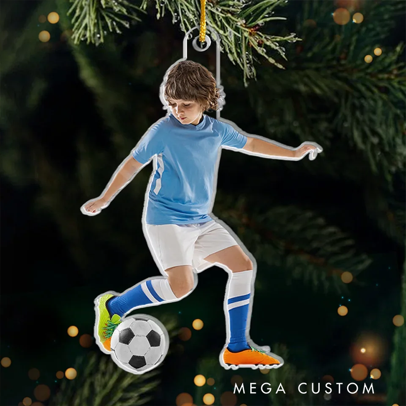 Personalized Soccer Player Acrylic Christmas Ornament with Custom Photo Design