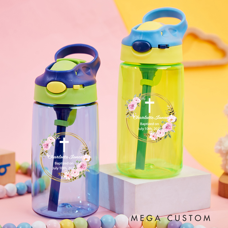 Personalized Floral Wreath Cross Name Water Bottle with Silicone Straw and Lid First Communion Baptism Gift for Christians
