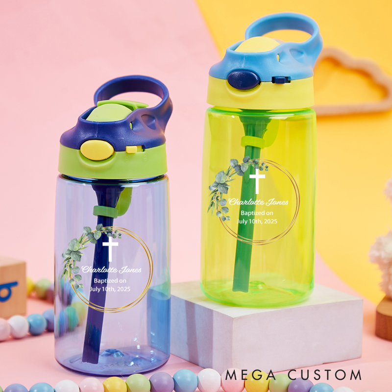 Personalized Leaf Wreath Cross Name Water Bottle with Silicone Straw and Lid First Communion Baptism Gift for Christians