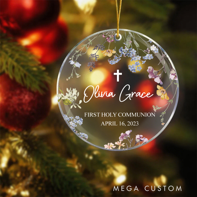 Personalized Acrylic Circle Ornament with Name and Date First Holy Communion for Girl Christian and Religious Girl Gift