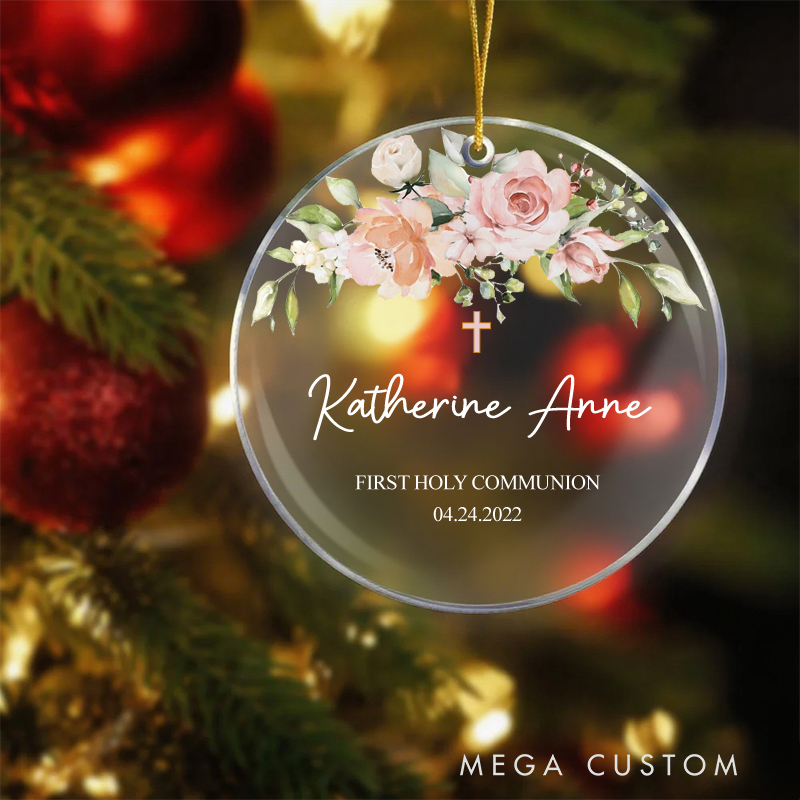 Personalized Wreath Acrylic Circle Ornament with Name Date Christening First Communion Gift for Christian Confirmation Gift