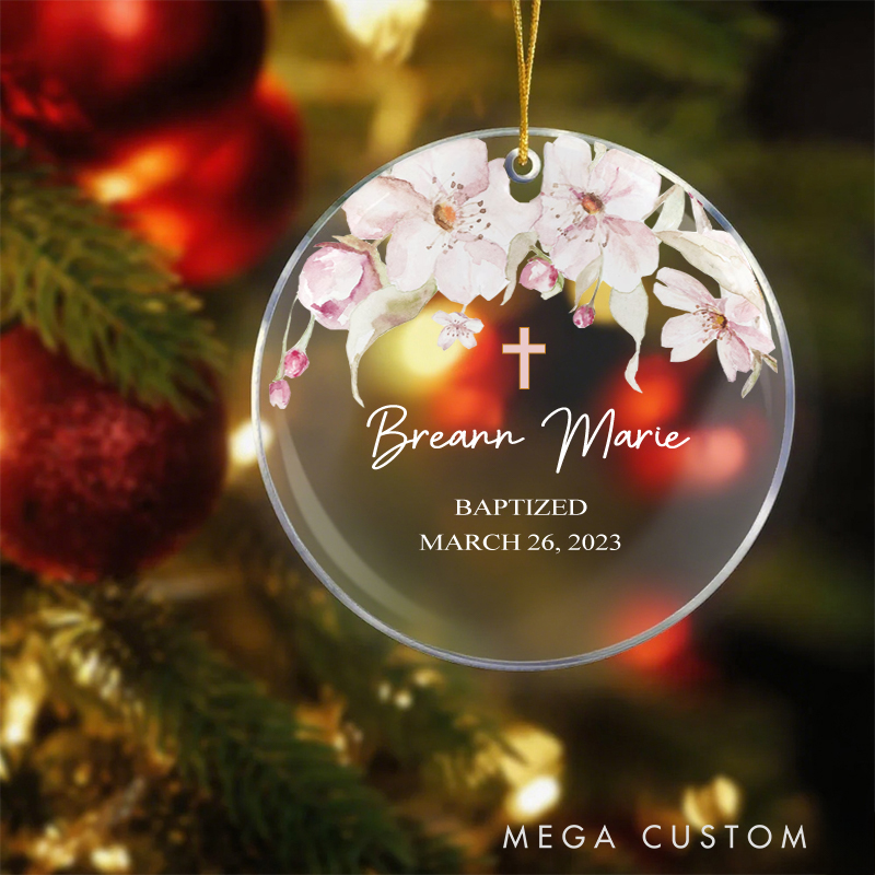 Personalized Cross Wreath Acrylic Circle Ornament with Name Date Christening First Communion Gift for Christian Confirmation Gift