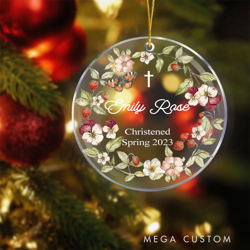 Personalized Cross Floral Wreath Acrylic Circle Ornament with Name Date Christening First Communion Gift for Christian Confirmation Gift