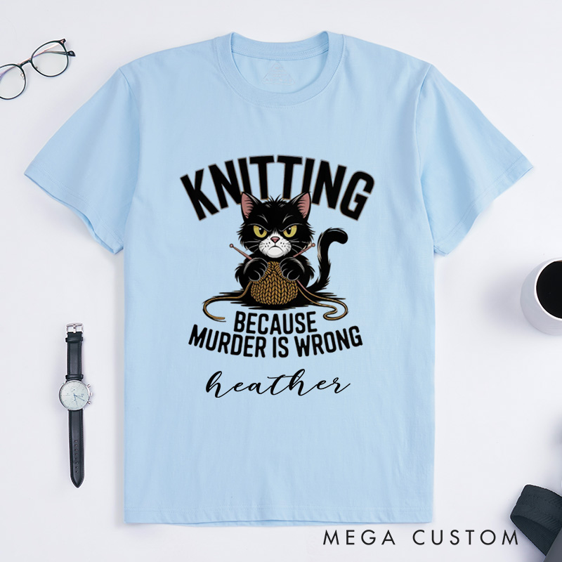 Personalized Funny Cat Knitting Classic T-Shirts Humorous Knitter Enthusiast Tee Knit T-Shirt Custom Gift 
