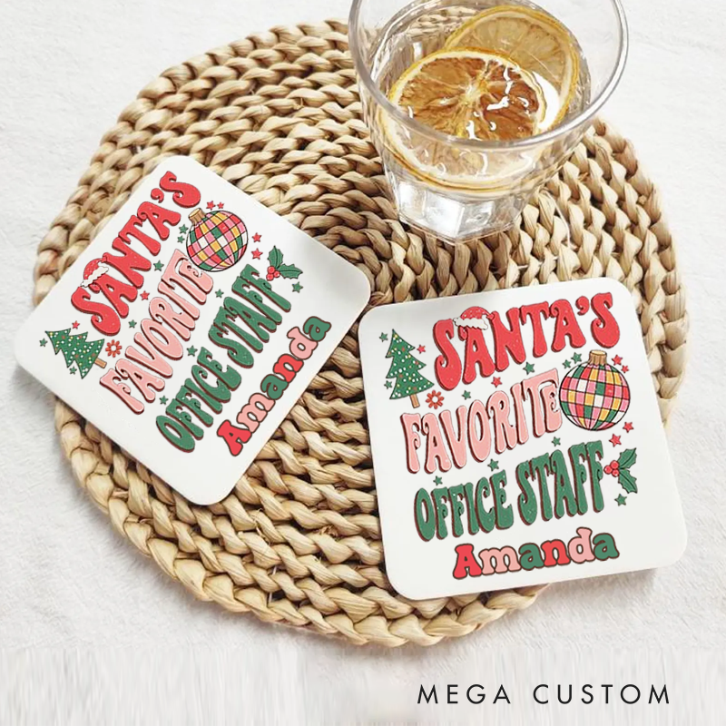 Personalized Coasters for Office Worker Santa's Favorite Office Staff with Christmas Trees Stars and Santa Hat Appreciation Gift for Coworkers
