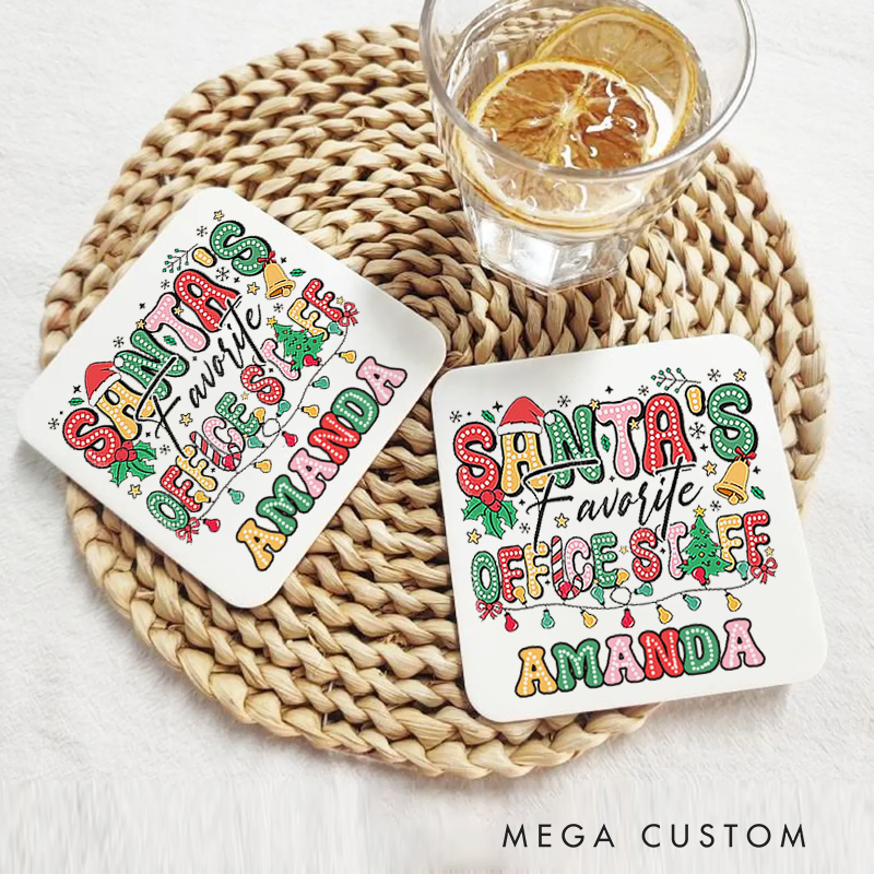 Personalized Coasters for Office Worker Santa's Office Staff with Christmas Elements Appreciation Gift for Coworkers