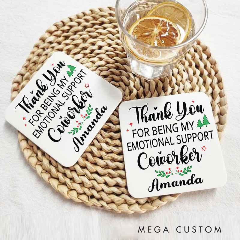 Personalized Coasters for Office Worker Thank You for Being My Emotional Support Coworker with Christmas Elements Appreciation Gift for Coworkers