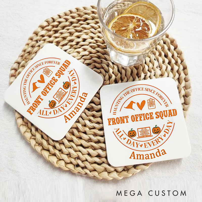 Personalized Coasters for Office Worker Front Office Squad with Halloween Elements Appreciation Gift for Coworkers