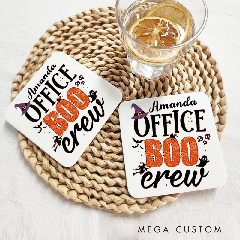 Personalized Coasters for Office Worker Office Boo Crew with Bats Spiderweb and Spider Halloween Elements Appreciation Gift for Coworkers