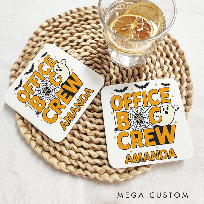 Personalized Coasters for Office Worker Office Boo Crew with Bats Spiderweb Spider and Small Stars Halloween Elements Appreciation Gift for Coworkers