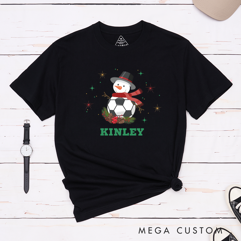 ersonalized Snowman Soccer T-Shirt with Custom Name Design for Christmas