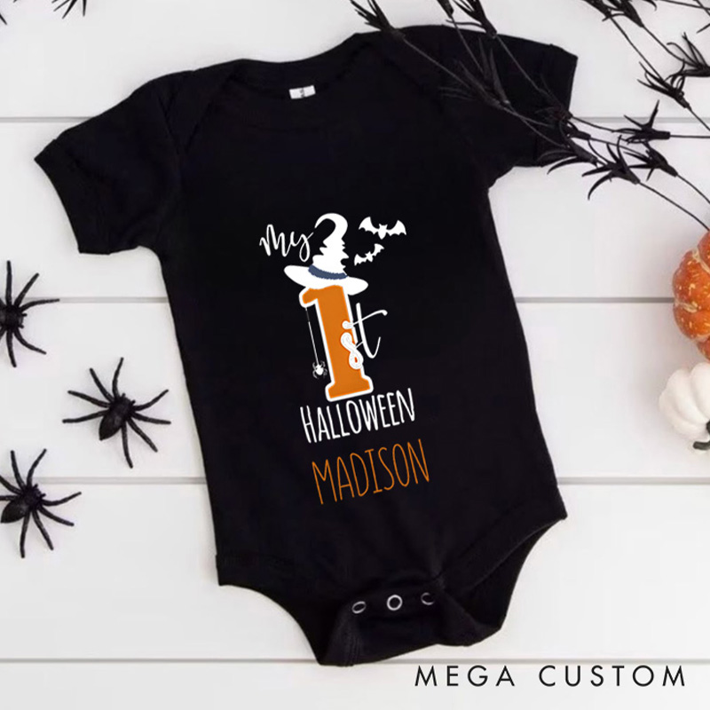 Personalized My First Halloween Featuring Number One and Customizable Name for Baby’s First Celebration Baby Onesie