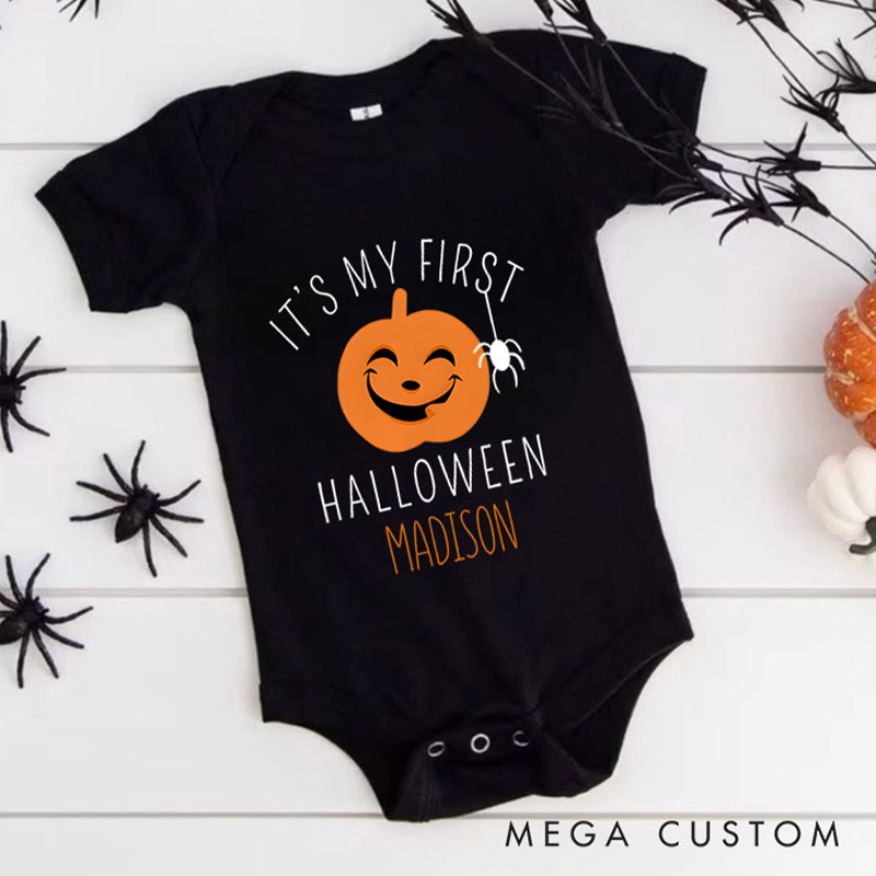 Personalized It’s My First Halloween Featuring Pumpkin and Spider Motif with Customizable Name for Baby Onesie