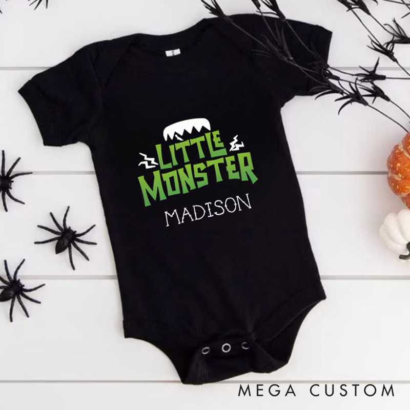 Personalized Little Monster Featuring Halloween Motif and Customizable Name for Fun and Festive Baby Onesie