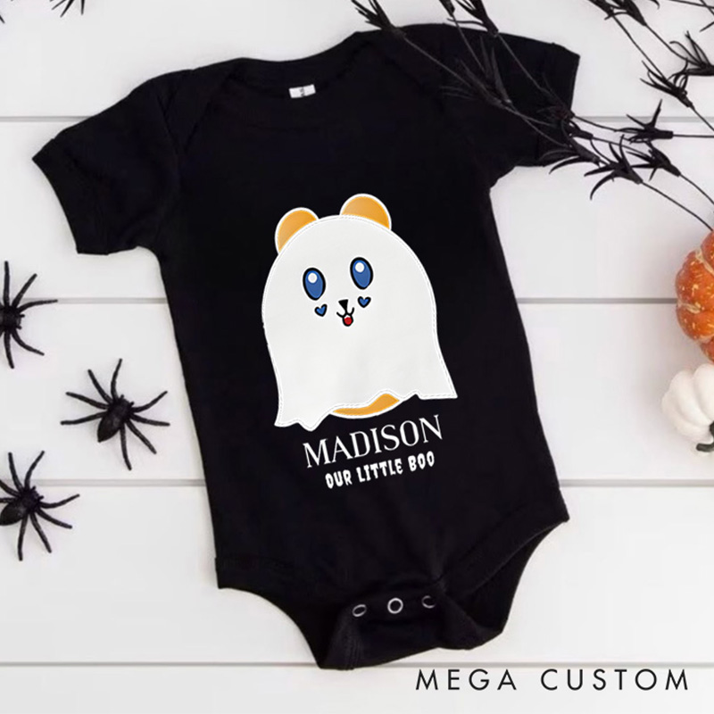 Personalized Our Little Boo Featuring Ghost Motif and Customizable Name for Baby’s Halloween Celebration Baby Onesie