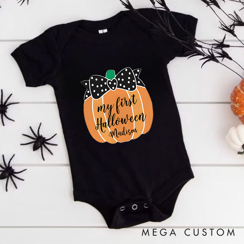 Personalized My First Halloween Featuring Polka Dot Bow Pumpkin and Customizable Name for Baby Onesie