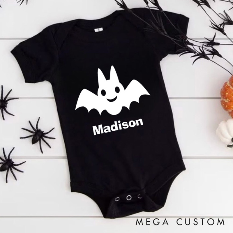 Personalized Halloween Bat Featuring Festive Motif and Customizable Name for Baby’s Halloween Outfit Baby Onesie