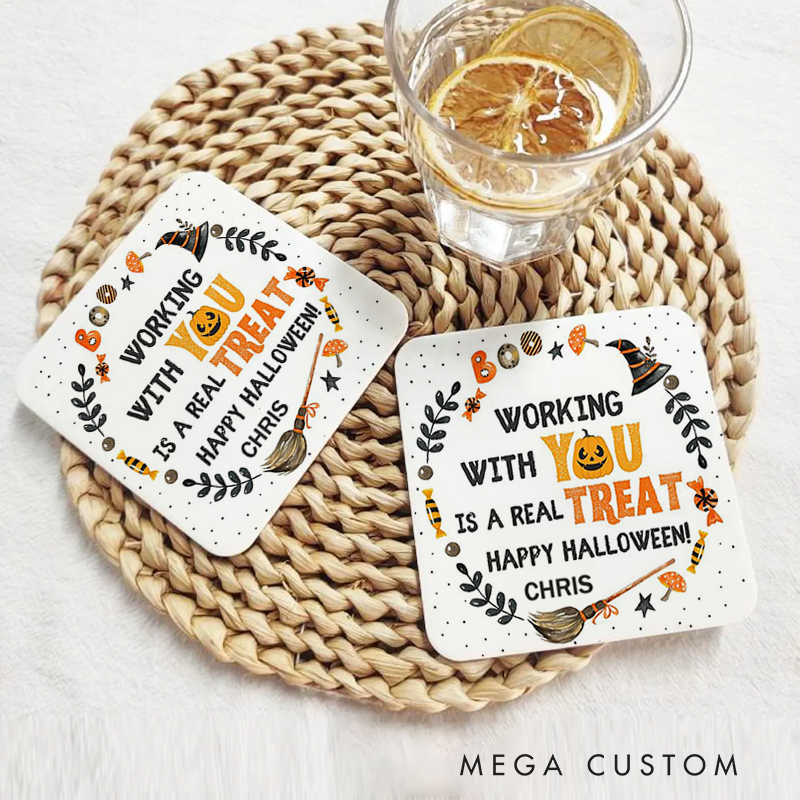 Personalized Coasters for Office Worker Happy Halloween Working with You Is a Real Treat Appreciation Gift for Coworkers