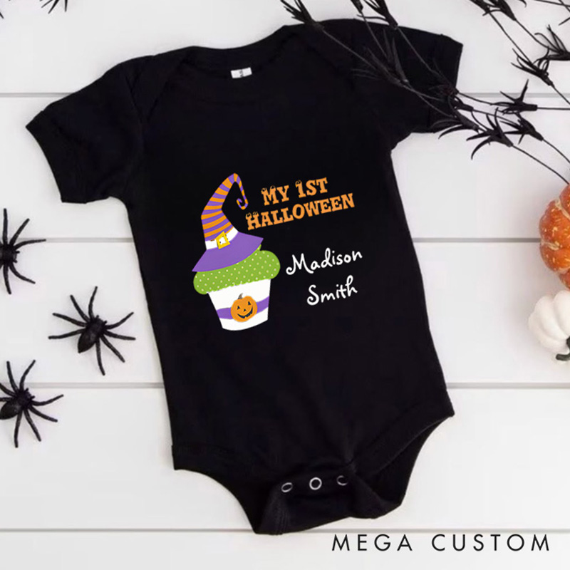 Personalized My First Halloween Featuring Witch Hat Cupcake and Customizable Name for Baby’s First Celebration Baby Onesie