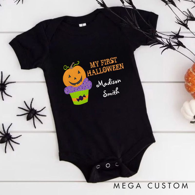 Personalized My First Halloween Featuring Pumpkin Cupcake and Customizable Name for Baby’s Festive Outfit Baby Onesie