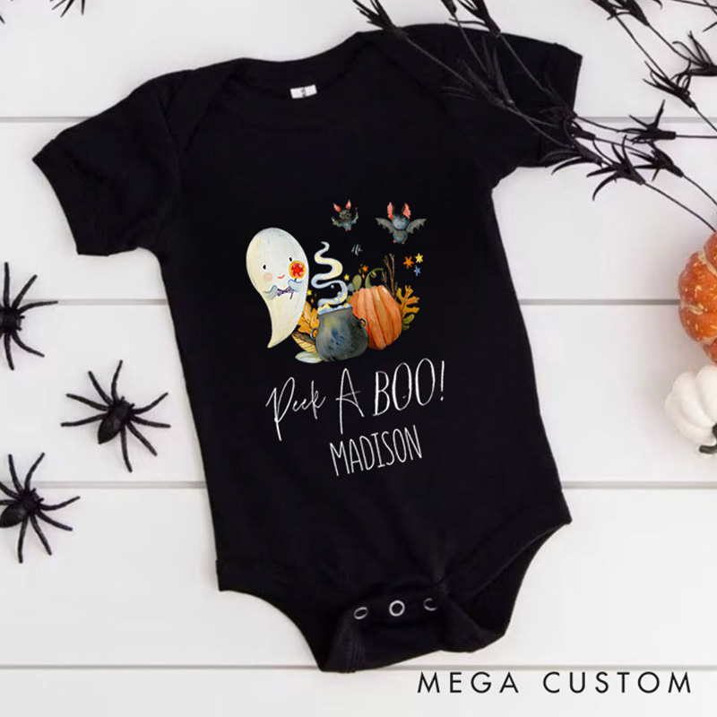 Personalized Peek a Boo Featuring Ghost and Pumpkin Motif with Customizable Name for Baby’s Halloween Celebration Baby Onesie