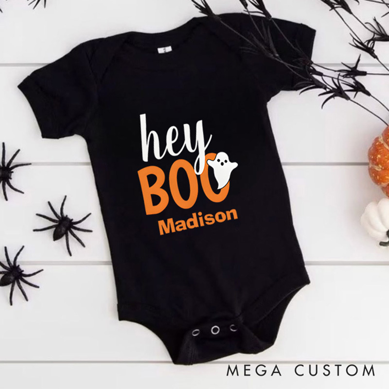 Personalized Hey Boo Featuring Ghost Motif and Customizable Name for Baby’s Halloween Celebration Baby Onesie