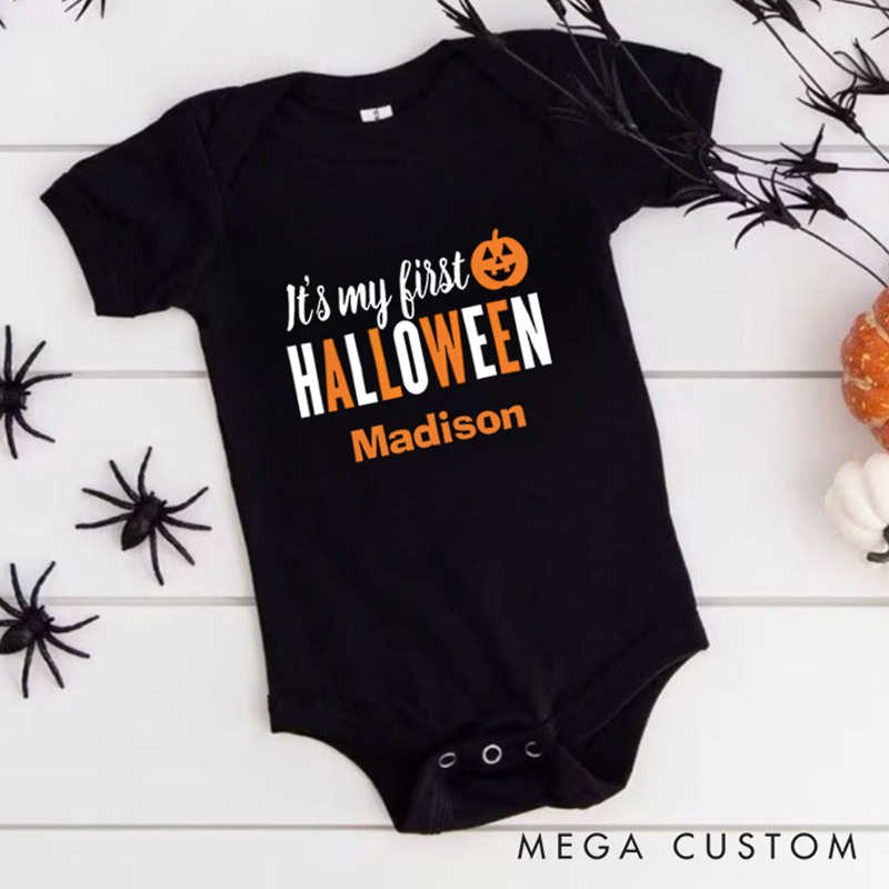 Personalized It’s My First Halloween Featuring Pumpkin Motif and Customizable Name for Baby’s First Celebration Baby Onesie