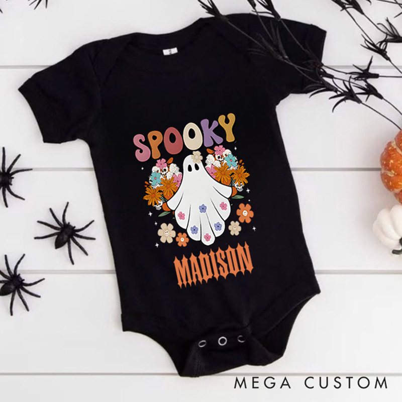 Personalized Spooky Featuring Ghost and Fall Elements with Customizable Name for Baby’s Halloween Outfit Baby Onesie